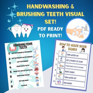 Könnte beinhalten: Ein blau-weißes Lehrplakat-Set mit dem Titel "Handwashing & Brushing Teeth Visual Set!" mit Anweisungen zum Zähneputzen und Händewaschen. Das Plakat enthält Illustrationen und den Text "PDF Ready to Print!"