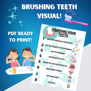 Puede incluir: Un póster azul con el texto "BRUSHING TEETH VISUAL!" y "PDF READY TO PRINT!". El póster ilustra los pasos para cepillarse los dientes, con imágenes e instrucciones numeradas. Dos niños de dibujos animados se cepillan los dientes.
