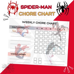 May include: A Spider-Man themed chore chart with the words "SPIDER-MAN CHORE CHART" in red and yellow. The chart includes spaces for daily and weekly chores, with illustrations of Spider-Man. The background is red and white.