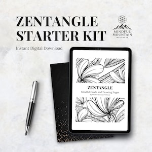 May include: A Zentangle Starter Kit, featuring a tablet showing a Zentangle drawing guide. The kit includes a pen and a black notebook. The tablet displays the text "Zentangle Mindful Guide and Drawing Pages". From Mindful Mountain Wellness.