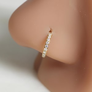 May include: A gold-coloured nose ring featuring a line of small, clear gemstones. The hoop-style ring is set against the skin of a nose. The gemstones sparkle, creating a delicate and elegant appearance. The ring is a subtle piece of jewellery.