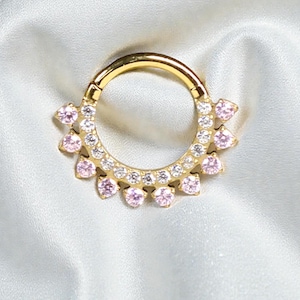 16g Titanium Gold Septum Ring, Pink CZ Daith Piercing Hoop Clicker Ring