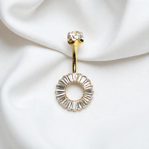 Baguette Gem Titanium Belly Ring: 14g Gold Navel Piercing