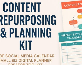 以下が含まれることがあります： 「CONTENT REPURPOSING & PLANNING KIT」のテキストが入ったデジタルプランニングキット。キットには、PDFソーシャルメディアカレンダー、中小企業向けデジタルプランナー、クリエーターツールキットが含まれています。また、カラフルな計画シートもいくつかあります。