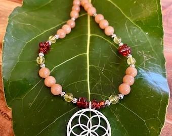 Seed of Life Pendant Necklace- Peach Aventurine, Citrine, Amber