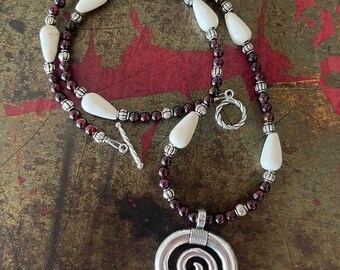 Silver Spiral Necklace- Garnet, Magnesite