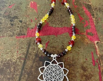 Flower of Life Pendant Necklace- Garnet, Citrine, Amber