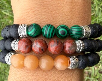 Lava Beaded Bracelet Set - Malachite, Jasper, Aventurine