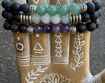 Lava Beaded Bracelet Set - White Jade, Aventurine, Amethyst