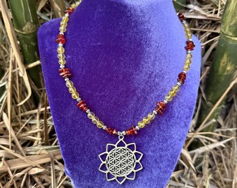 Flower of Life Pendant Necklace- Citrine, Amber