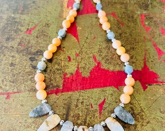 Tribal Necklace- Lodolite, Labradorite, Peach Aventurine