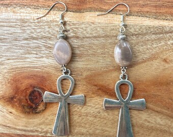 Silver Ankh Earrings with Sunstone