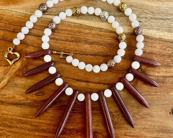 Brown Magnesite Spike Necklace- White Jade, Silver/Gold Bead