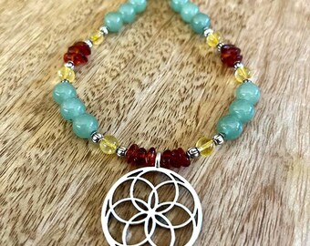 Seed of Life Pendent Necklace- Citrine, Amber, Aventurine, Silver Seed of Life Pendent