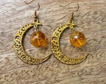 Gold Moon Earrings with Citrine