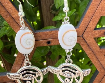 Winged Eye of Horus - Dangle Earring with Spiral Shells