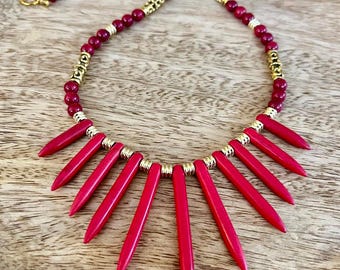 Red Magnesite Necklace – Gold Accent Spike Beads
