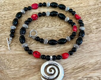 Black Onyx Red Coral Spiral Necklace | Protection & Vitality Beaded Necklace | Healing Crystal Jewelry Gift | Handmade Gemstone Necklace