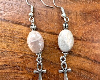 Small Silver Ankh Earrings with Sunstone
