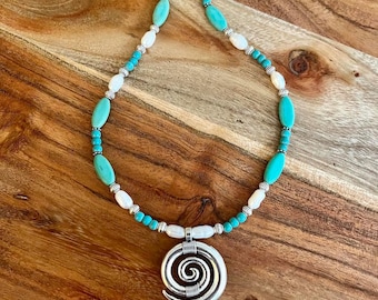 Turquoise Magnesite With Fresh Water Pearls - Silver Spiral Pendant Necklace