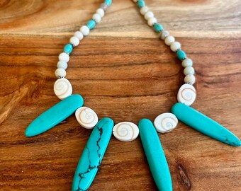 Turquoise Magnesite Spike Necklace with Amazonite and Spiral Shells