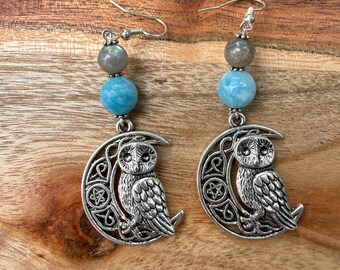 Owl Moon Earrings with Angelite and Labradorite Beads