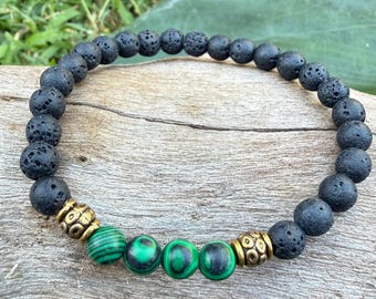 Malachite Lava Stone Bracelet | 6mm Dainty Crystal Gemstone | Transformation Protection (Essential Oil Diffuser)