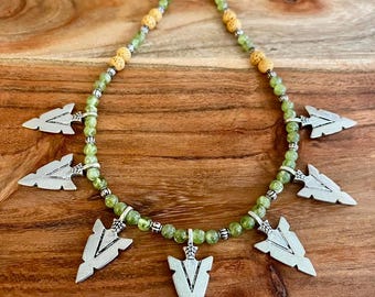 Tribal Necklace - Antique Silver Arrowhead- Peridot, Lava beads