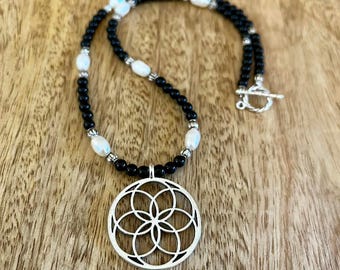 Seed of Life Pendant Necklace – Black Onyx, Freshwater Pearl, Silver