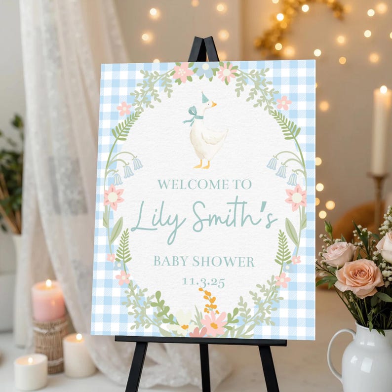 Gingham Goose Baby Shower Welcome Sign – Printable Welcome Sign for ...