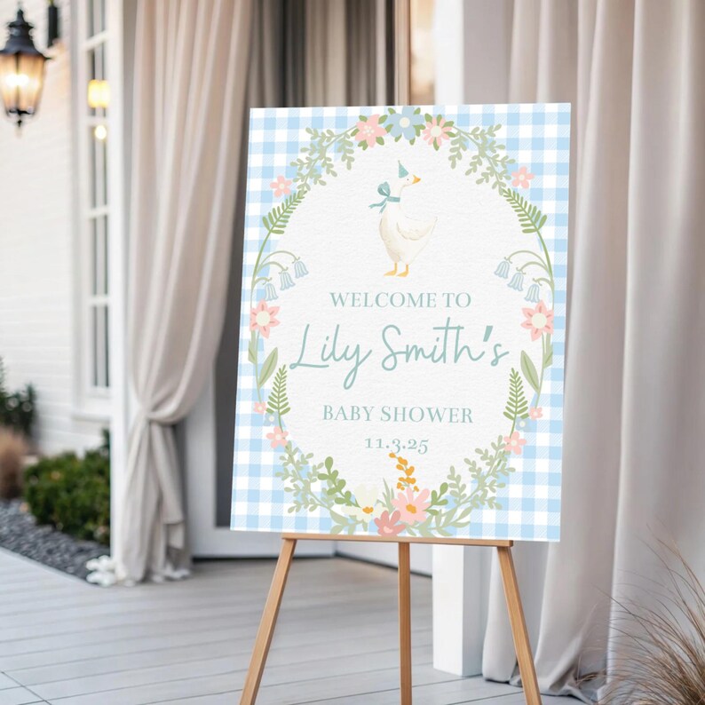 Gingham Goose Baby Shower Welcome Sign – Printable Welcome Sign for ...