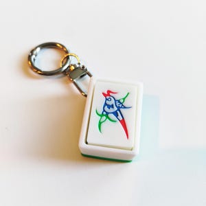 Pu&ograve; includere: Un portachiavi rettangolare bianco con un design colorato con accenti rossi, blu e verdi. Il portachiavi ha un anello e un fermaglio in metallo argentato. Il design sembra essere un uccello stilizzato o una creatura mitica.