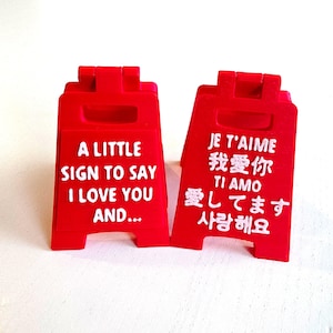 Puede incluir: Dos letreros rojos de plástico con texto blanco. Un letrero dice "A LITTLE SIGN TO SAY I LOVE YOU AND...". El otro letrero tiene "JE T'AIME", "我愛你", "TI AMO", "愛してます" y "사랑해요" en texto blanco.