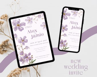 Plantilla de invitación de boda con flores de lavanda: invitación editable en Canva e imprimible digitalmente.