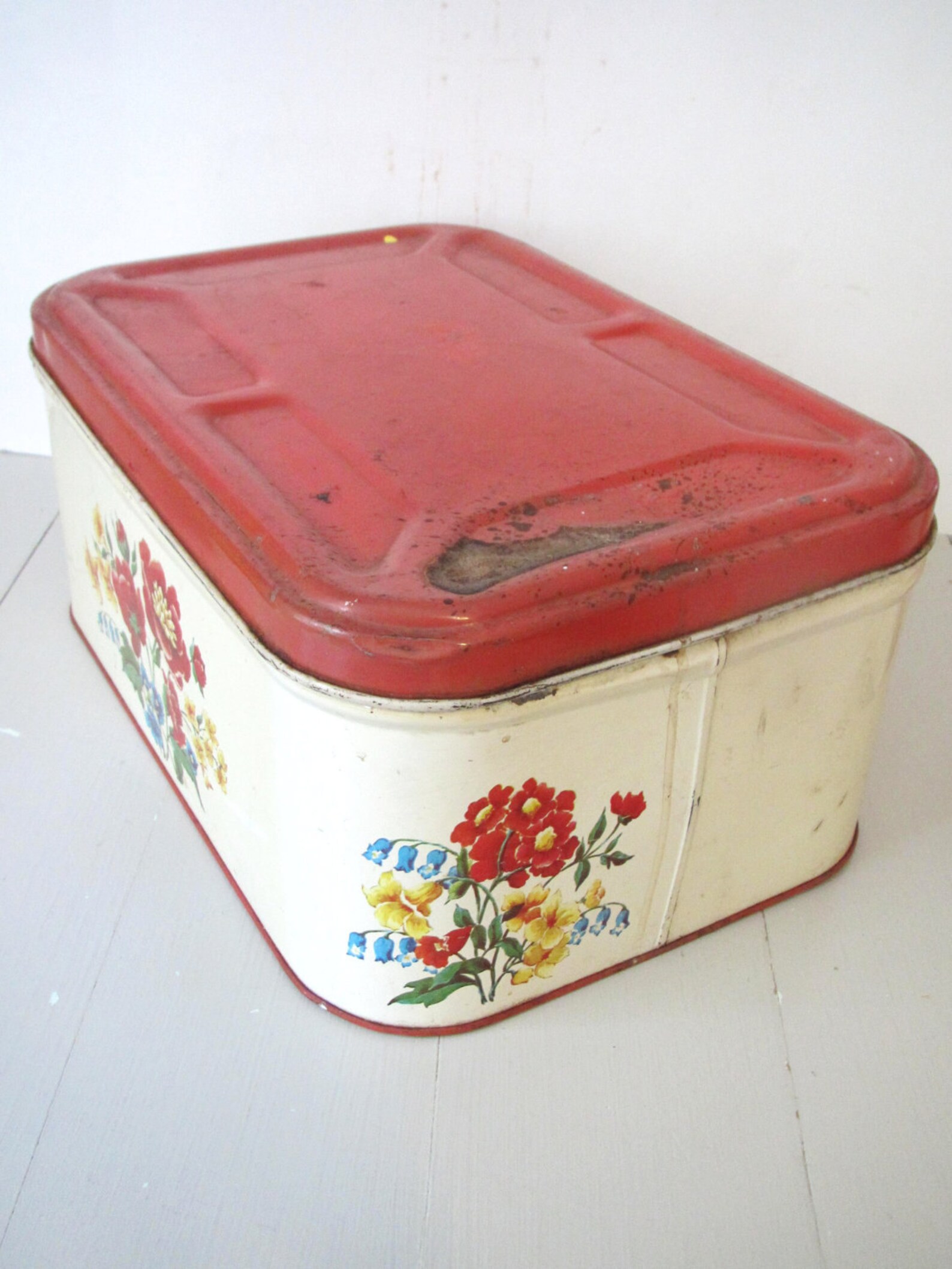 Vintage Bread Box Tin Red and Yellow Floral Breadbox Etsy
