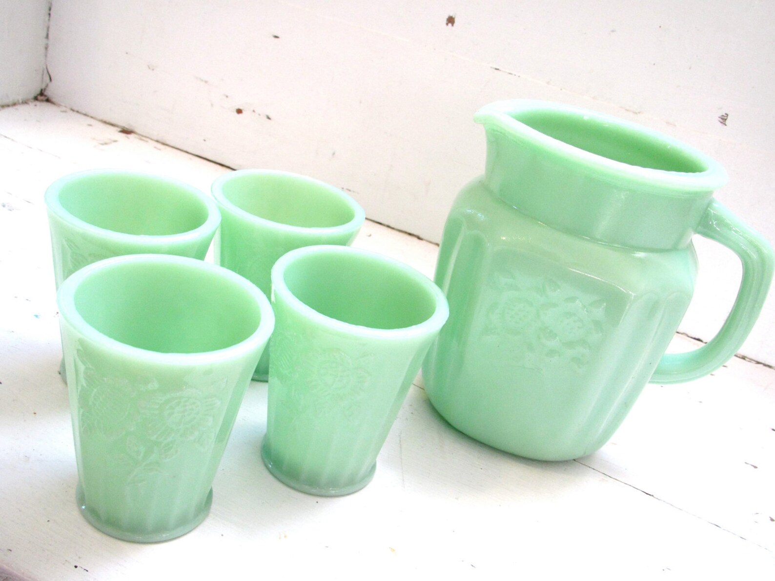 Vintage Jadeite/ Jadite Dishes Pitcher and Glasses Set Mint Etsy