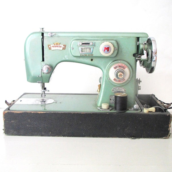 Vintage Sewing Machine- Morse Zig Zag Mint Seafoam Green Metallic Sewing Machine in Case- Display/ Sewing