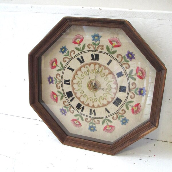 Tick Tock...Vintage Crewel Embroidery Clock Wall Hanging- Works