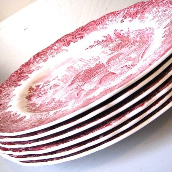 Set of Six Red Toile English Transferware Plates Bridge Castle and Girl