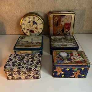 Vintage Tin Lot Bundle Of Empty Tins Coca Cola Dept 56 Clock Face Includes 6