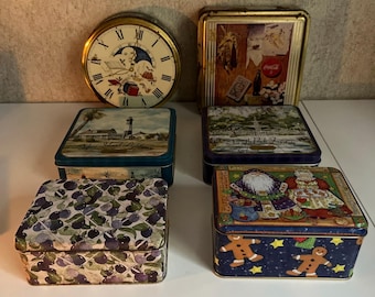 Vintage Tin Lot Bundle Of Empty Tins Coca Cola Dept 56 Clock Face Includes 6