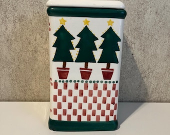 Rare Trish Richman Christmas Cookie Jar At Home International Trees Red White EC