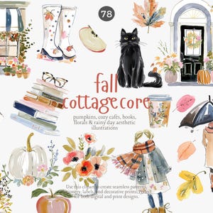 Op de afbeelding: Waterverfillustraties met een herfst cottage core thema. Bevat afbeeldingen van een zwarte kat, pompoenen, boeken, een café, regenlaarzen en herfstbladeren. De tekst luidt "fall cottage core".