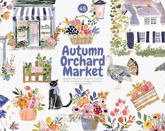 autumn orchard market clipart set, fall cottage watercolor illustrations, pumpkin harvest florals, rustic farm market elements, cozy fall