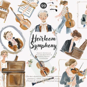 Puede incluir: Ilustraciones en acuarela que representan músicos, instrumentos musicales y retratos. La imagen incluye un piano, un violín y un violonchelo, junto con partituras y el texto "Heirloom Symphony". La paleta de colores incluye marrón, beige y azul claro.