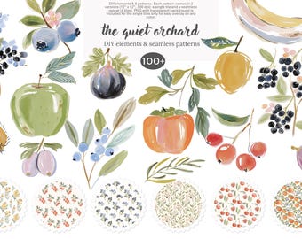 watercolor orchard fruit clipart set, botanical fruit png bundle, seamless pattern pack, cottagecore berries apples peaches art