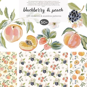 Könnte beinhalten: Aquarellillustrationen von Brombeeren, Pfirsichen und floralen Elementen. Das Bild enthält einzelne Frucht- und Blumenelemente sowie nahtlose Muster. Der Text "blackberry & peach" und "DIY elements & seamless patterns" ist ebenfalls sichtbar.