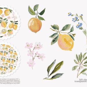 May include: Watercolor illustrations of lemons, flowers, and leaves. Two circular patterns with scalloped edges feature lemon designs. Additional elements include individual lemons, blossoms, and sprigs. Text: DIY elements | .png | transparent background.
