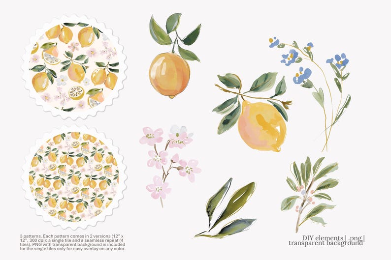 May include: Watercolor illustrations of lemons, flowers, and leaves. Two circular patterns with scalloped edges feature lemon designs. Additional elements include individual lemons, blossoms, and sprigs. Text: DIY elements | .png | transparent background.