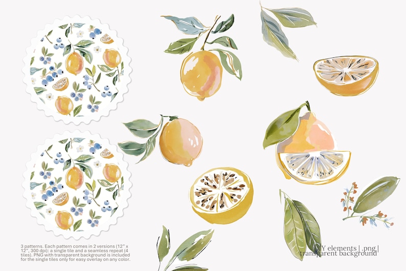 May include: Watercolor illustrations of lemons, blueberries, and leaves. The image includes whole and sliced lemons, sprigs, and two circular patterns. The text at the bottom reads "3 patterns. Each pattern comes in 2 versions (12" x 12", 300 dpi)..."